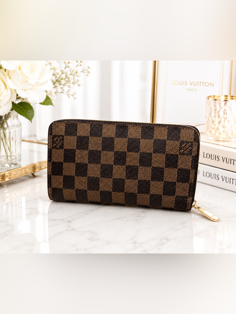 Louis Vuitton Damier Ebene Zippy Coin Purse Wallet Brown Canvas Gold Hardware